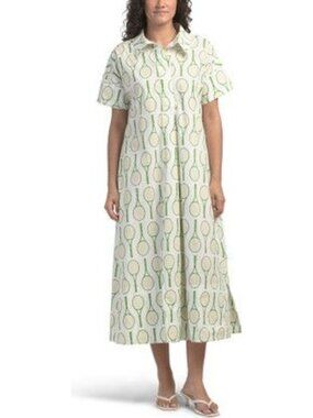 Katie Kime Green Tennis Racket Print Cotton Maxi Shirt Dress S Preppy Coastal